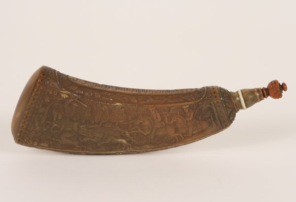 German powder horn flask with carved 50fa7