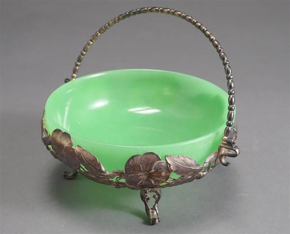 GREEN ART GLASS BOWL WITH SILVER