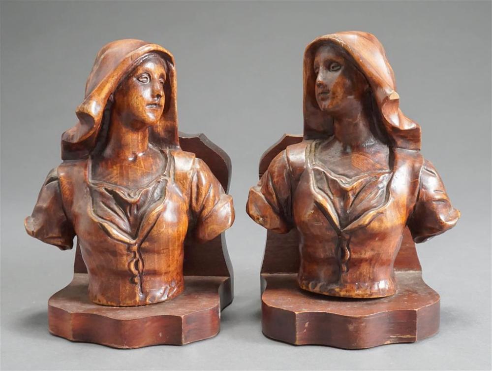 PAIR OF CARVED WOOD FIGURAL BOOKENDS,
