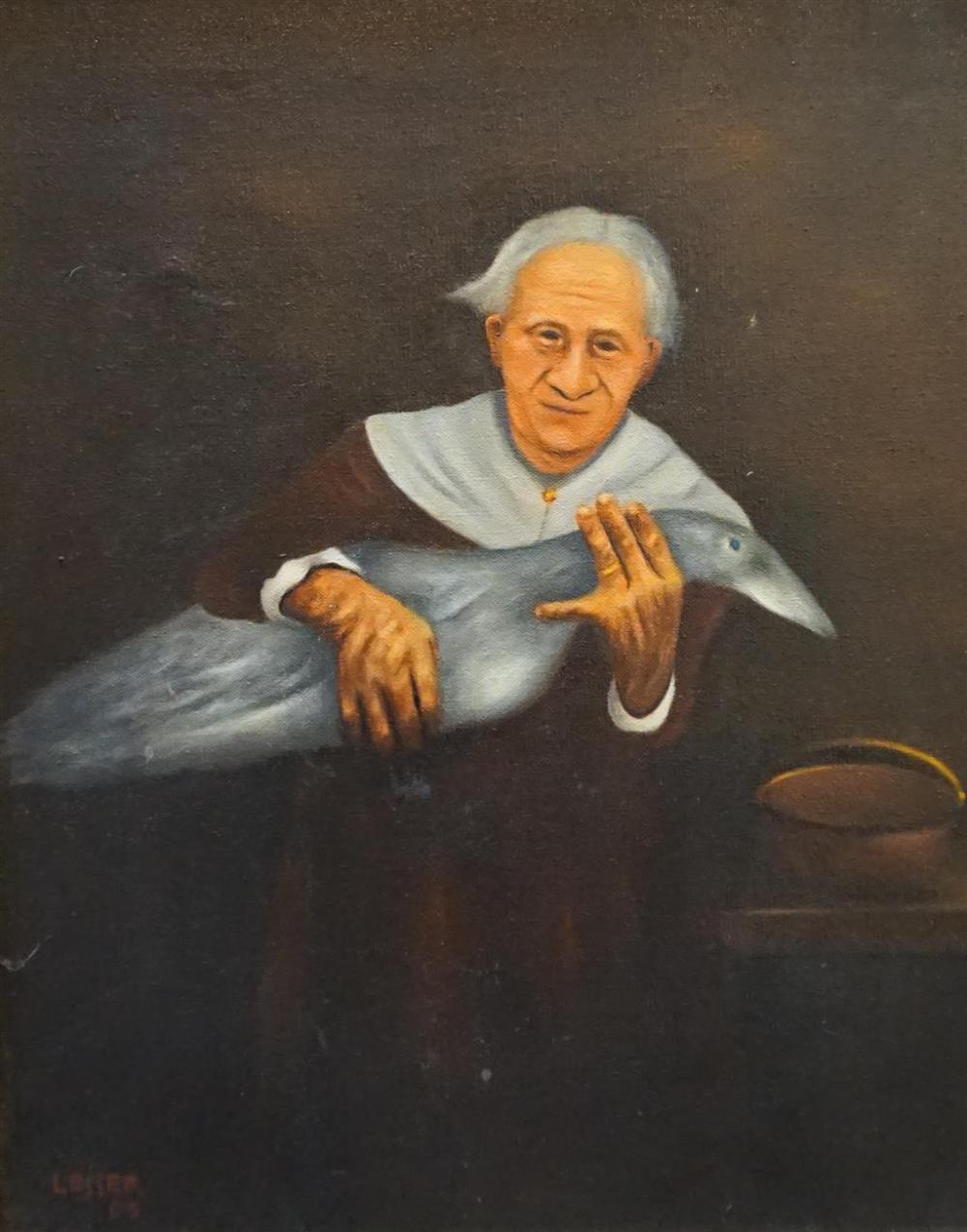 WOMAN HOLDING GOOSE, OIL ON CANVAS,