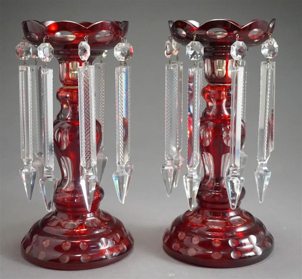 PAIR BOHEMIAN RUBY-TO-CLEAR CUT CRYSTAL