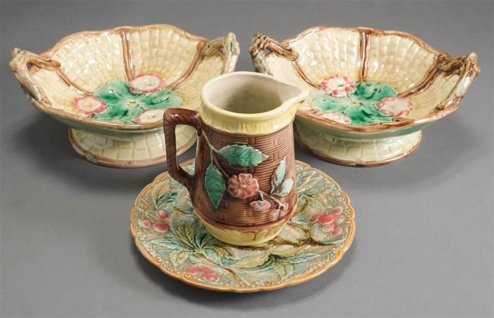 FOUR ASSORTED MAJOLICA TABLE ARTICLESFour 329d51