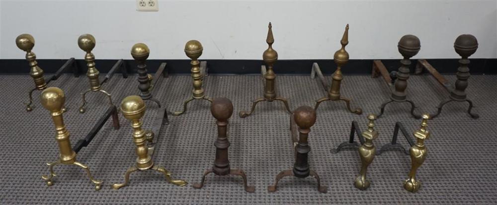 SEVEN PAIRS OF ENGLISH BRASS ANDIRONSSeven