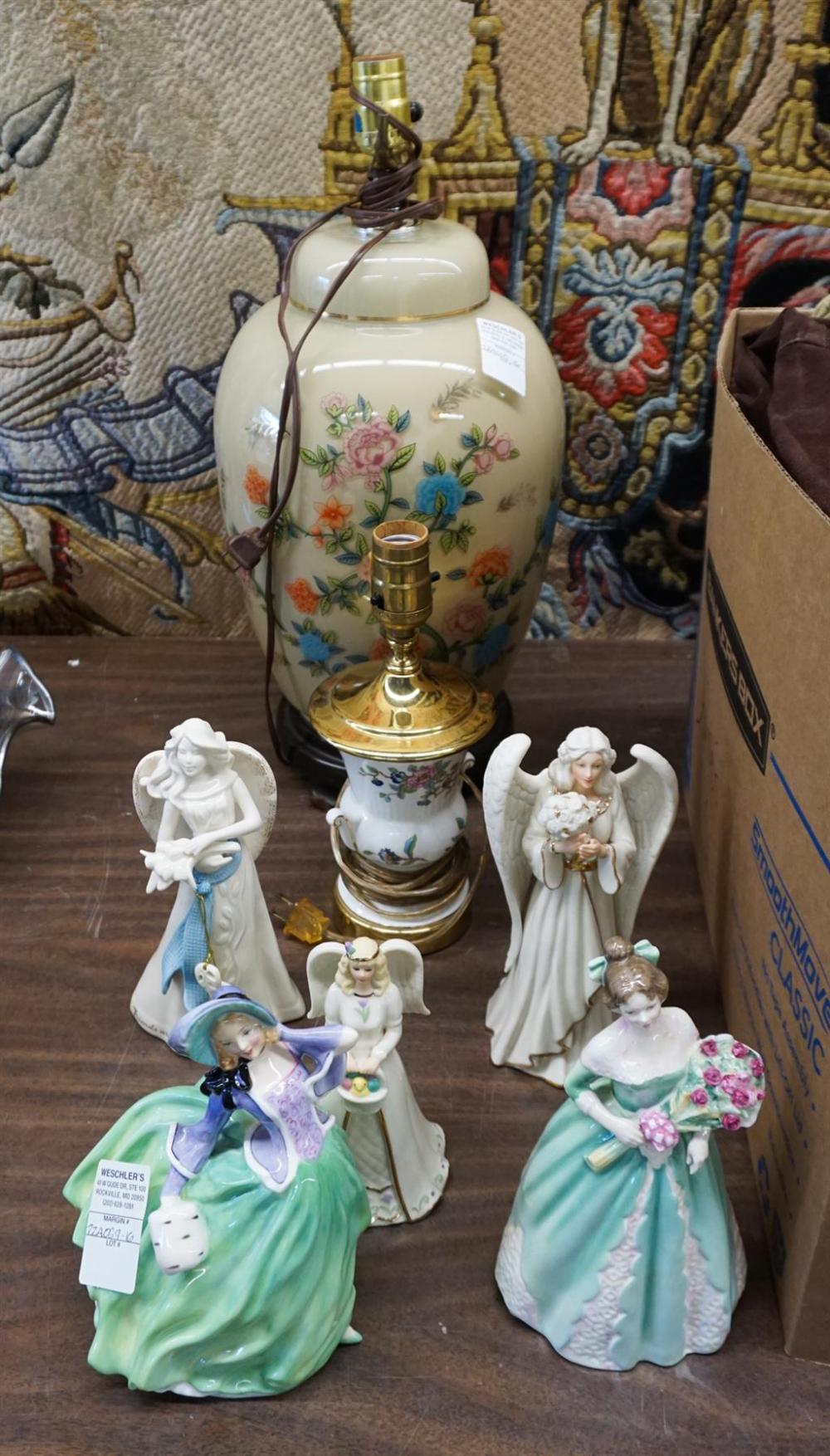 TWO LAMPS AND FIVE PORCELAIN FIGURINES 329fff