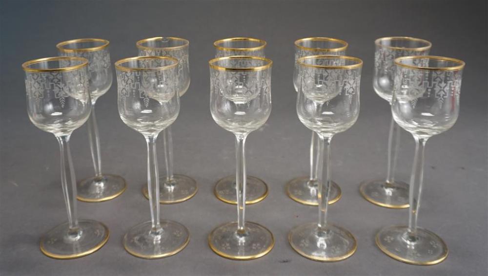 TEN ETCHED GLASS AND GILT RIM STEM