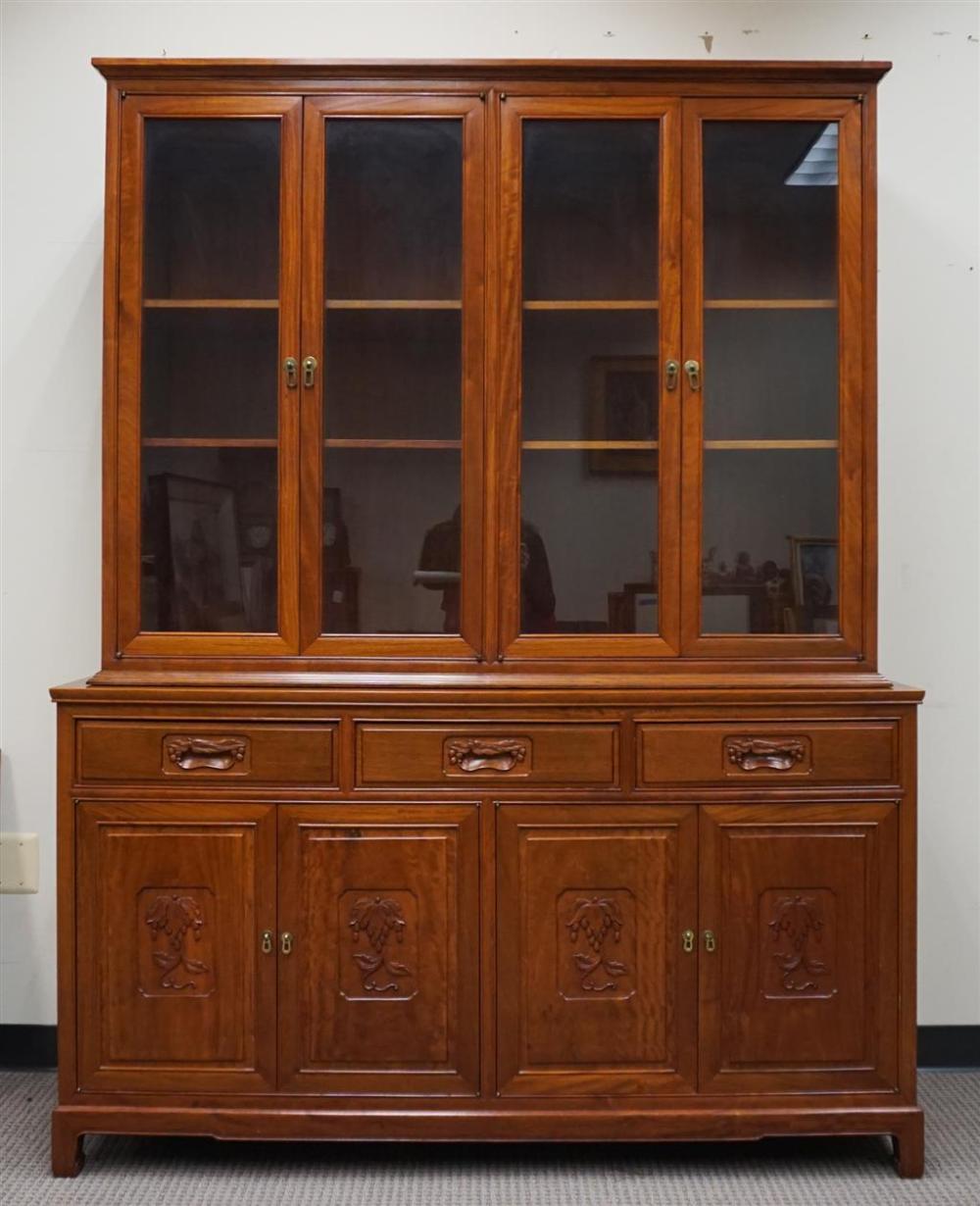 CHINESE TEAK TWO-PART CHINA CABINET,