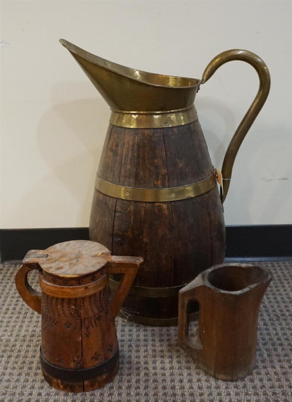 BRASS MOUNTED WOOD LARGE PITCHER,