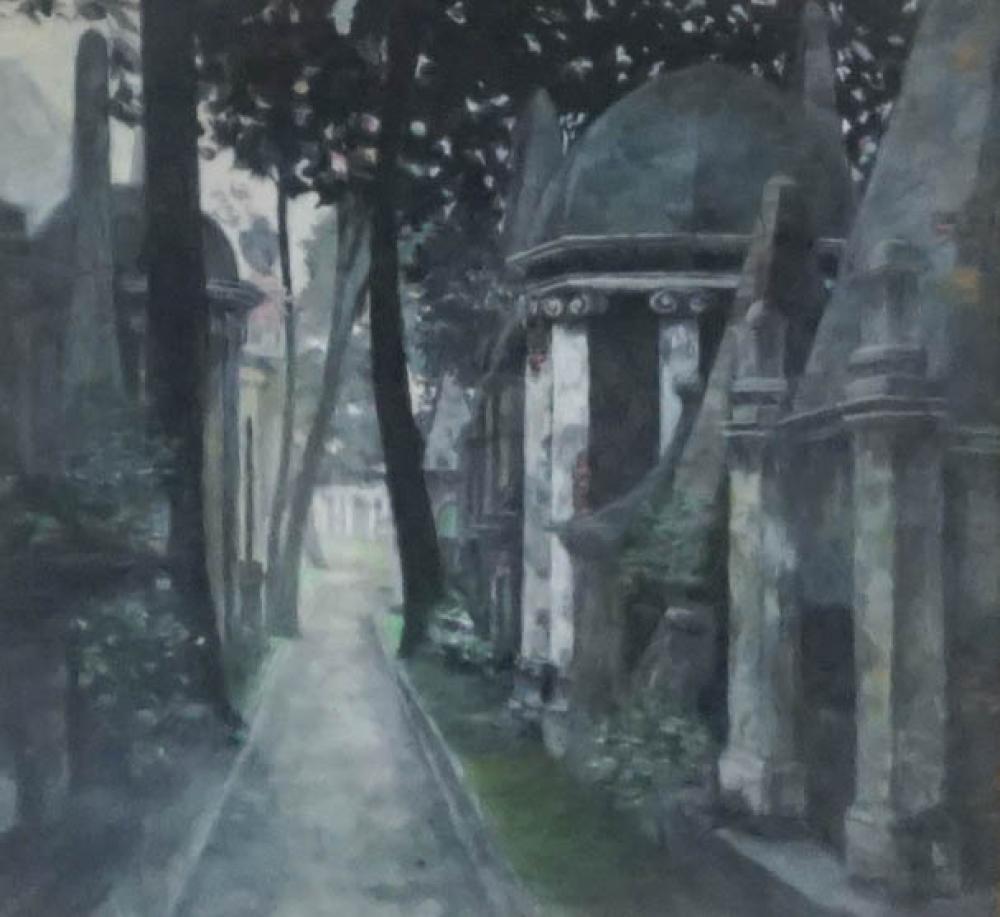 REED, CEMETERY VIEW, OIL ON BOARD,