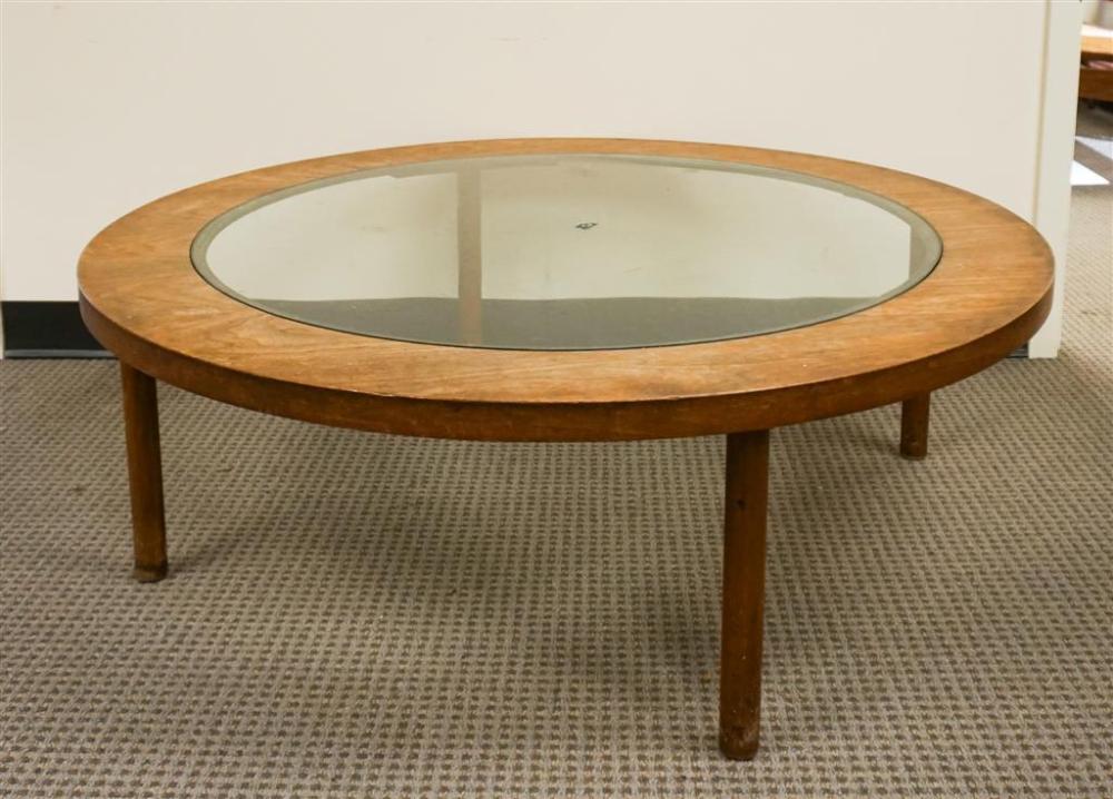 MODERN WALNUT GLASS INSET TOP ROUND