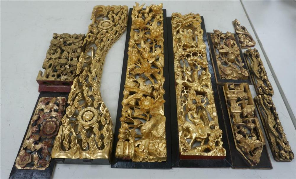TEN CHINESE CARVED GILT WOOD PANELS,