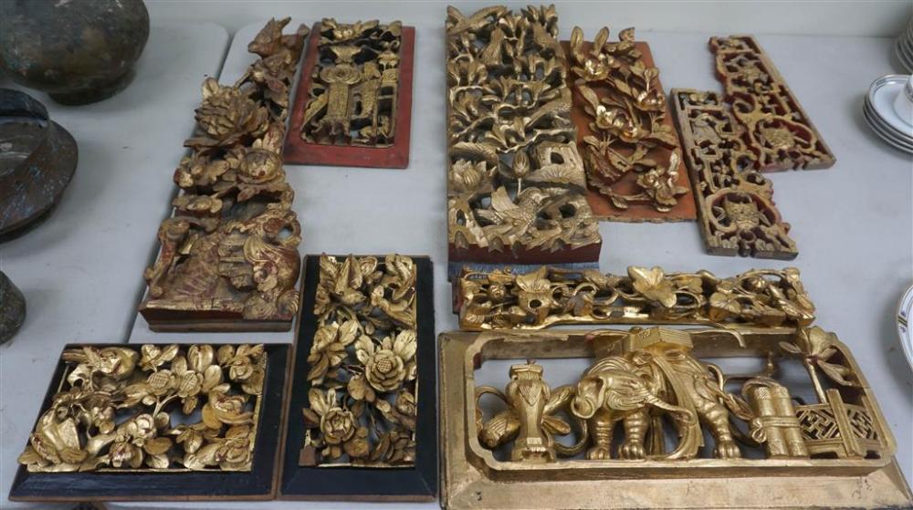 TEN CHINESE CARVED GILT WOOD PANELS,