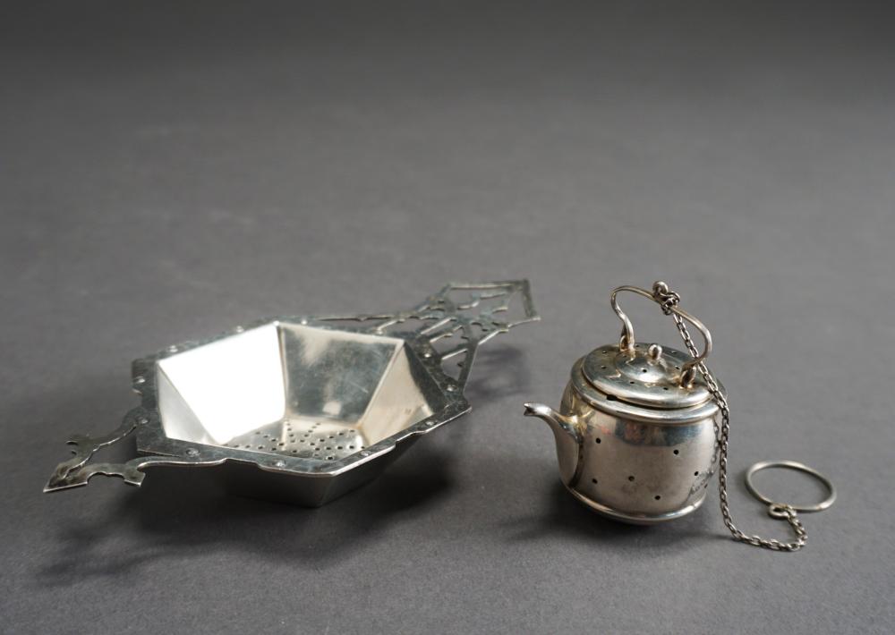 AMERICAN STERLING TEA BALL AND TEA STRAINER,