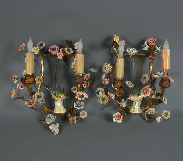 Pair brass lyre sconces; with hand