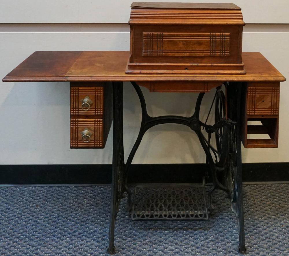 SINGER WALNUT AND WROUGHT IRON TREADLE