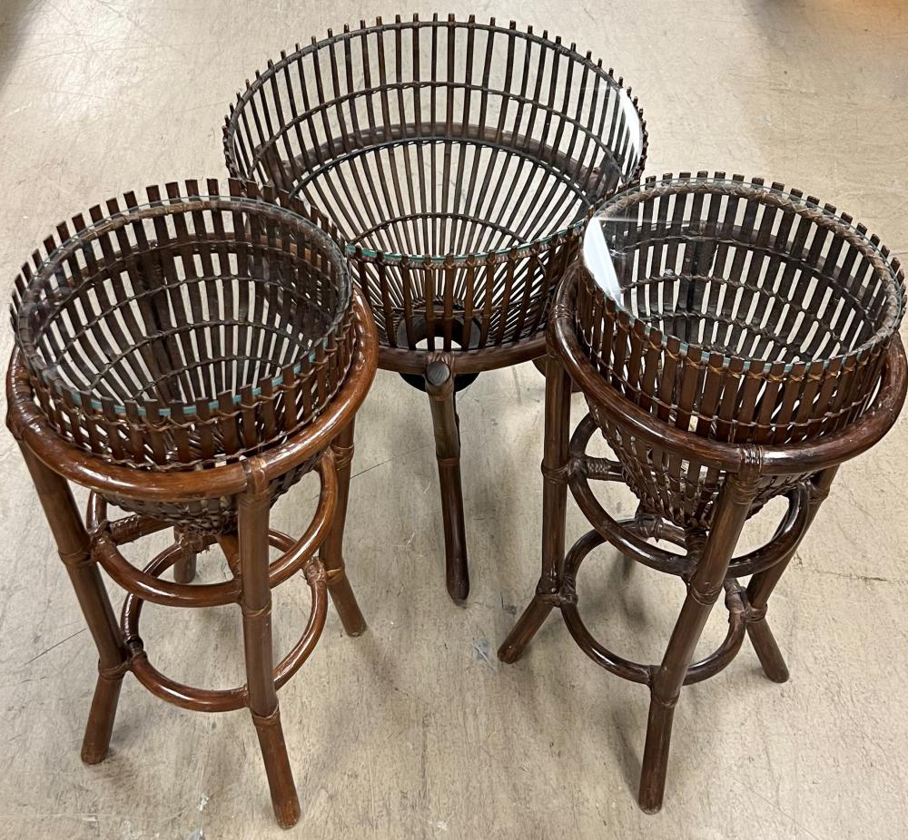 THREE RATTAN GLASS TOP END TABLESThree