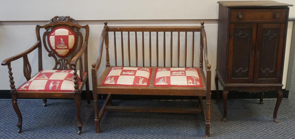 STAINED FRUITWOOD AND UPHOLSTERED