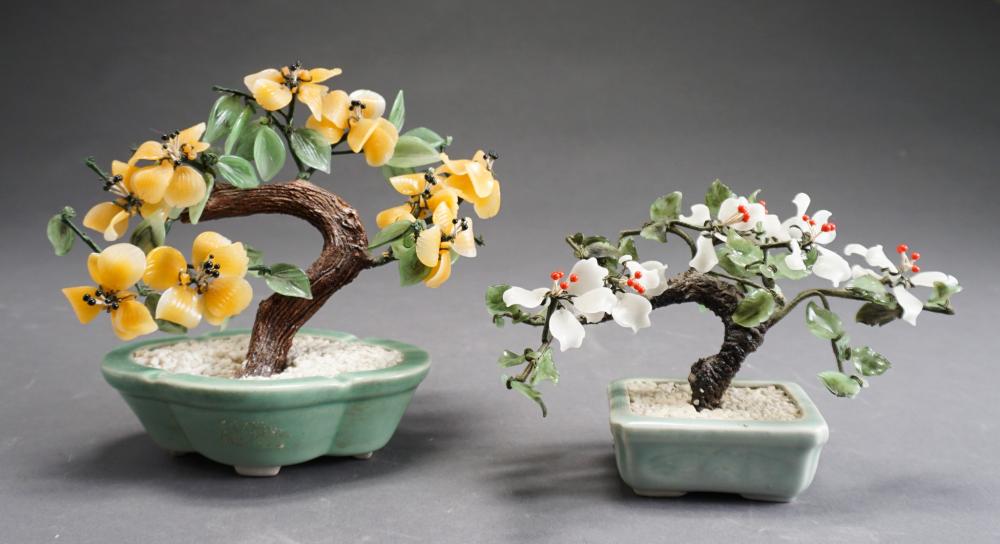 TWO CHINESE PEKING GLASS FLOWERING TREESTwo