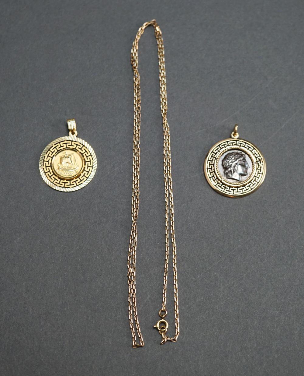 TWO 14 KARAT YELLOW GOLD DISC PENDANTS 32a77d