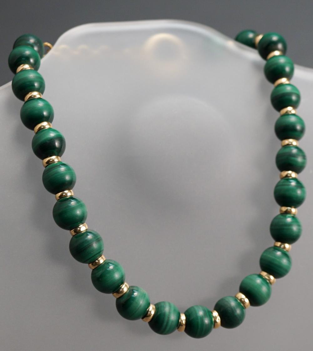 TWO MALACHITE AND GOLD-FILLED BEADED