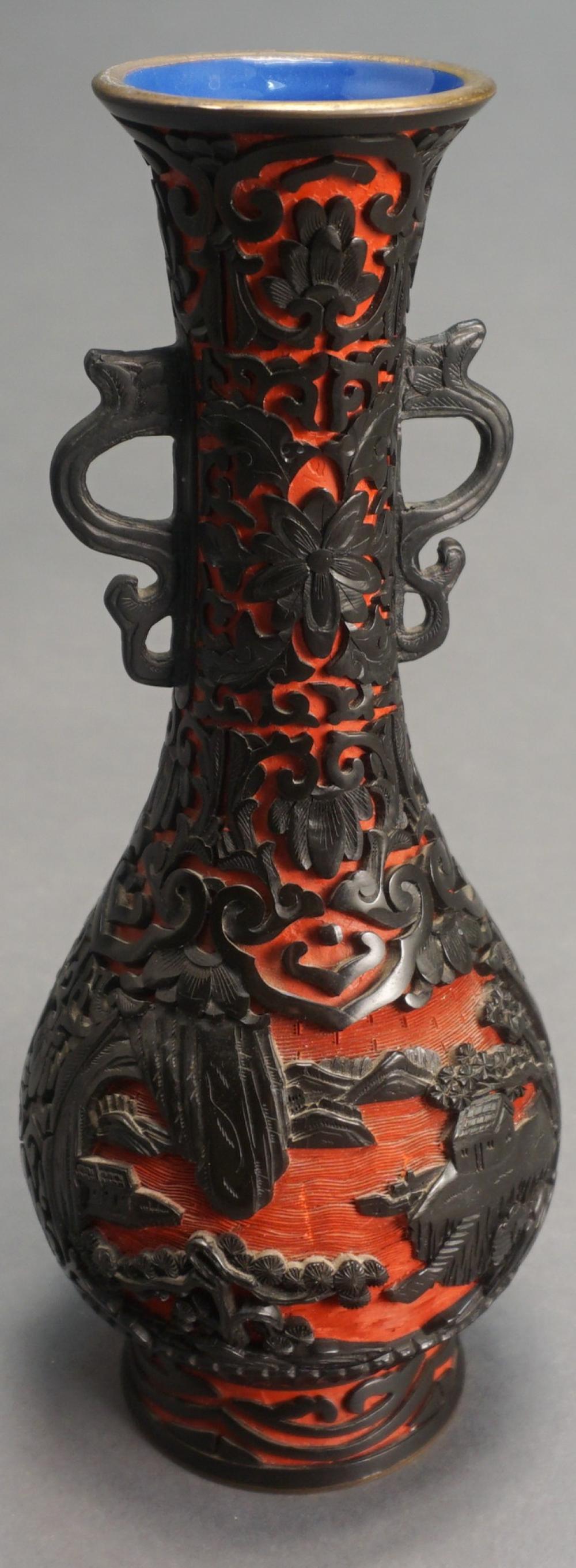 CHINESE CARVED CINNABAR AND EBONY 32a857