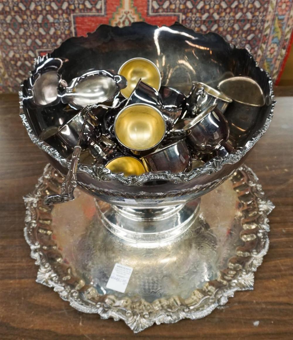 SILVERPLATE PUNCH BOWL, TRAY, LADLE