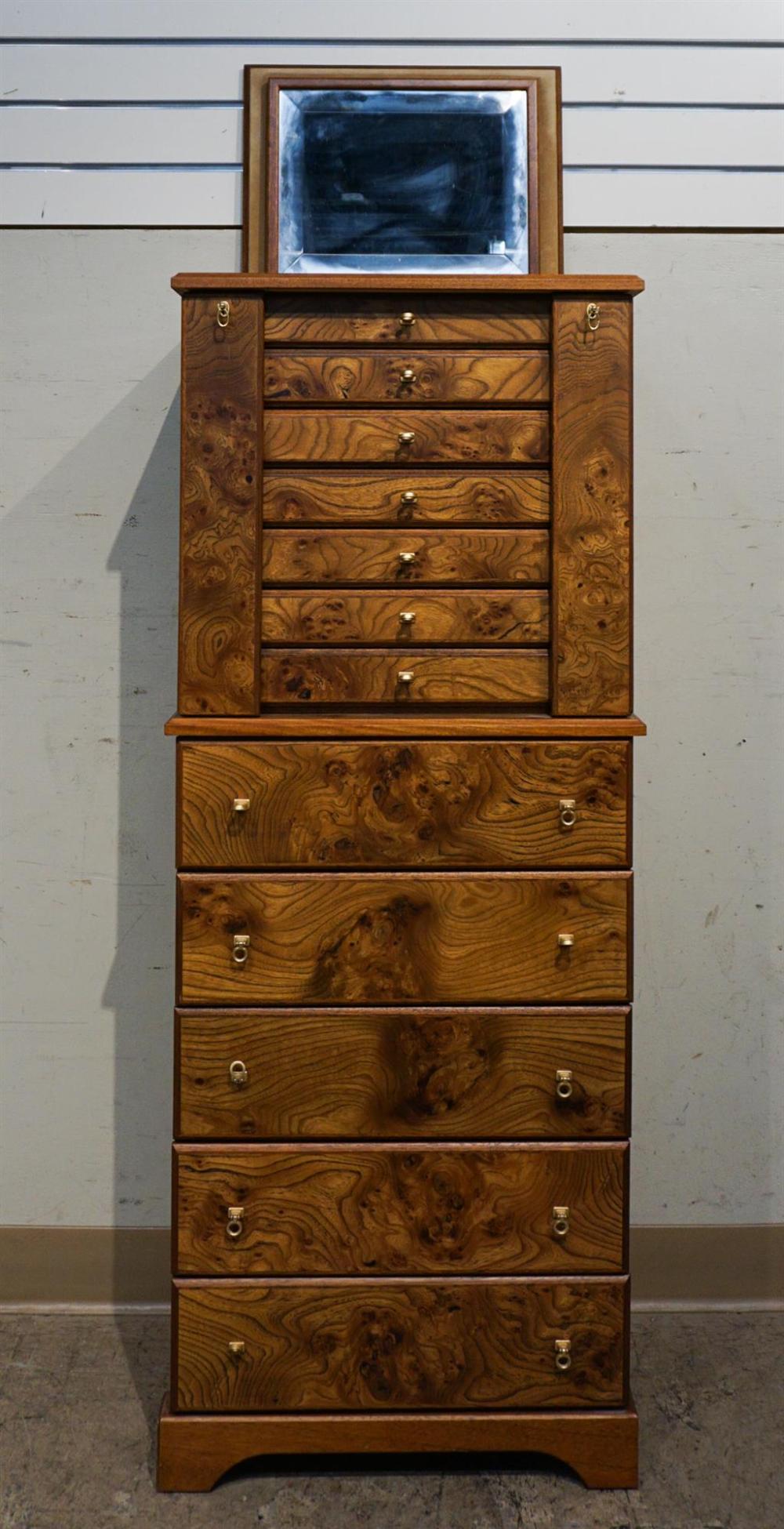 BURLWOOD TWO-PART JEWELRY CHEST,