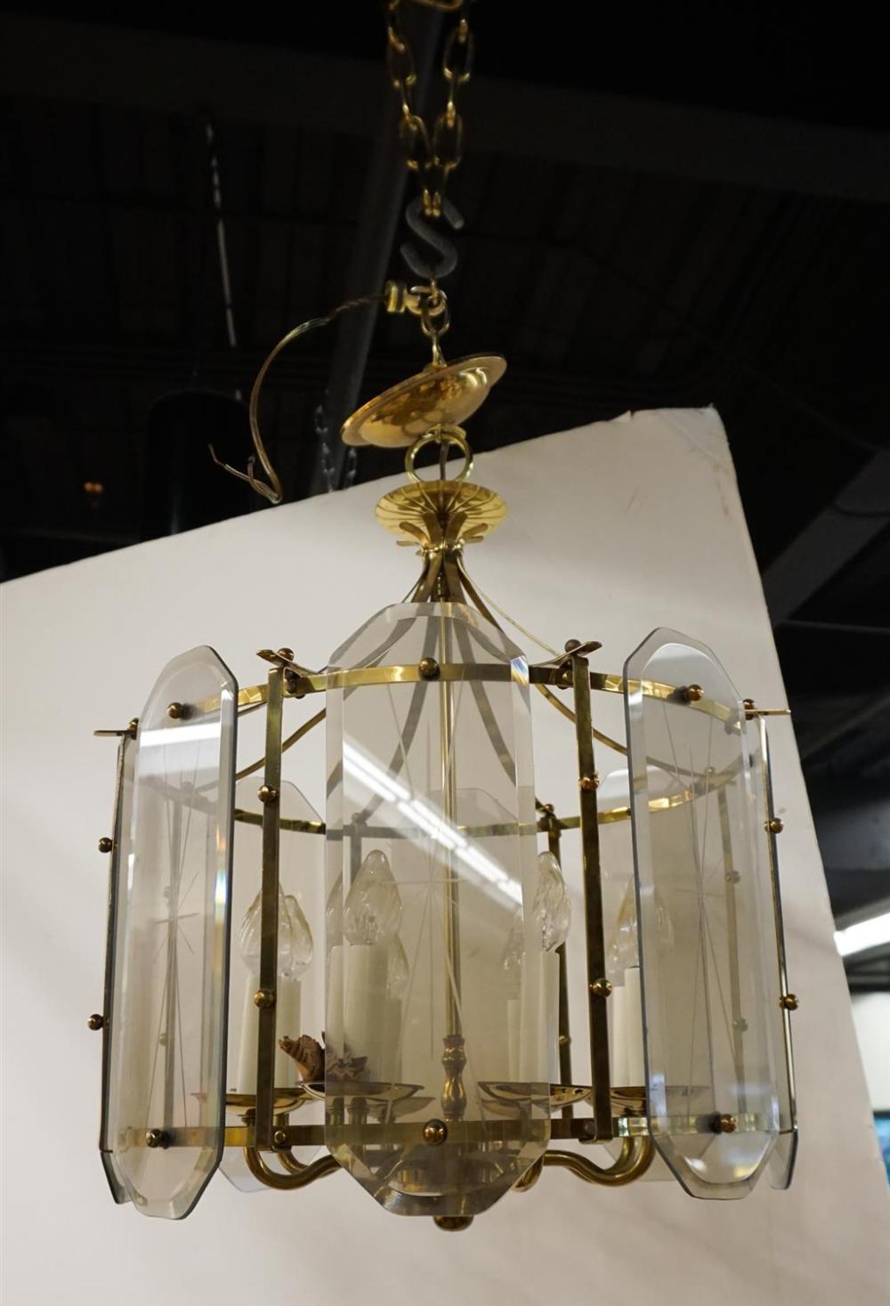 TWO GLASS AND BRASS HANGING LIGHT