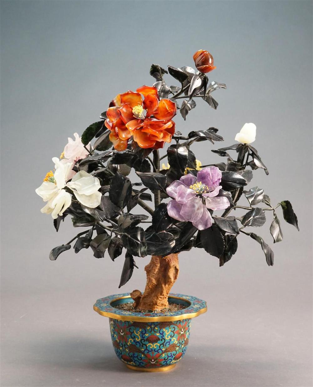 CHINESE HARDSTONE TOPIARY IN CLOISONNE