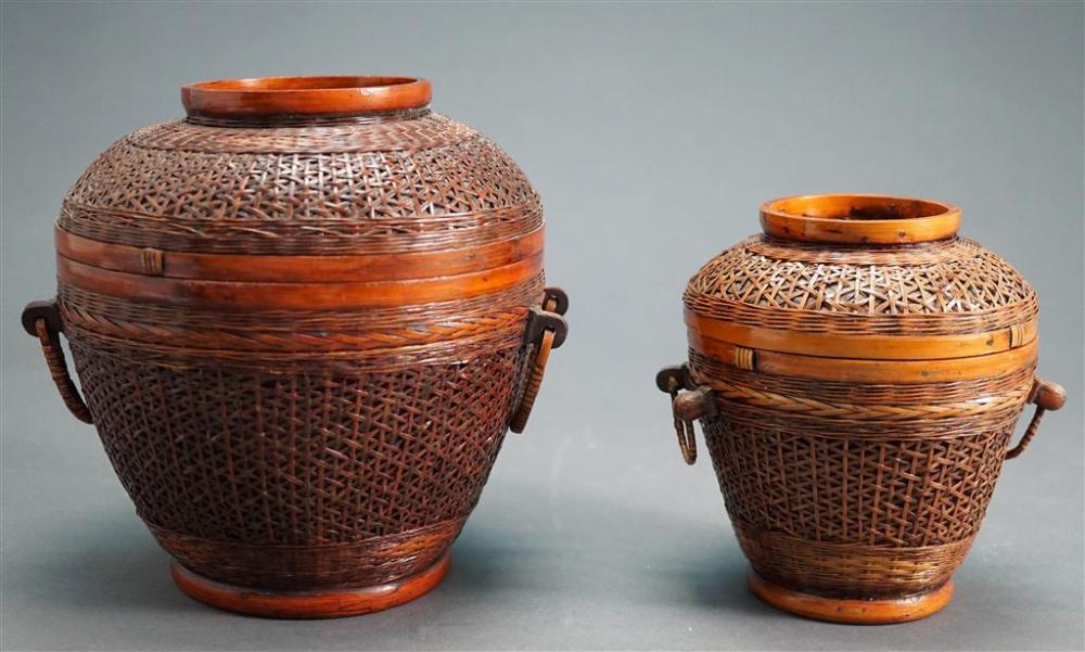 TWO CHINESE STAINED AND WOVEN BAMBOO