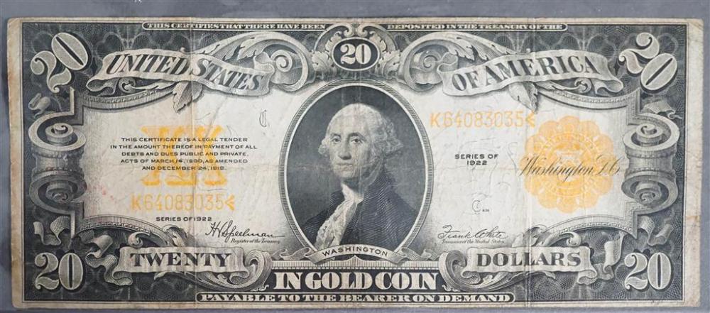U.S. 1922 20-DOLLAR GOLD COIN NOTE,