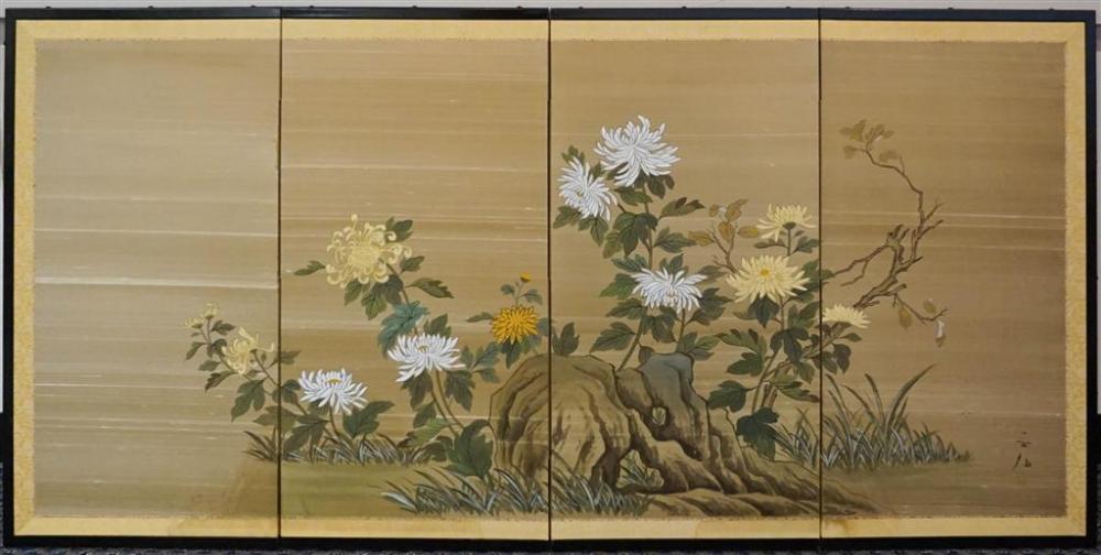 JAPANESE PAINTED SILK PEONIES FOUR PANEL 3284bc