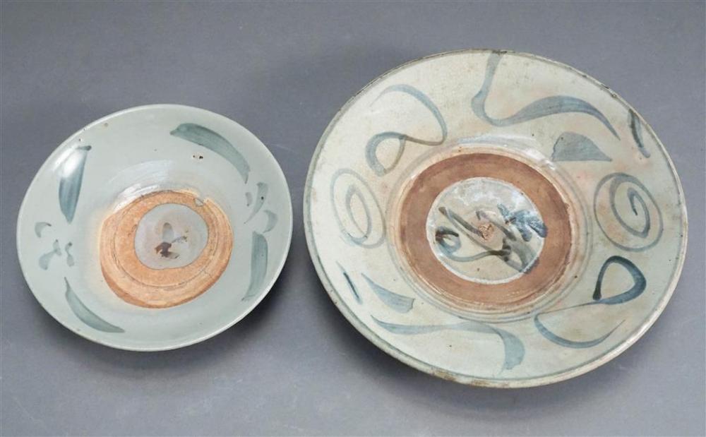 TWO KOREAN BLUE AND WHITE GLAZED