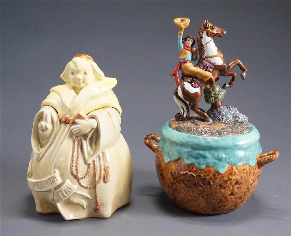 TWO GLAZED POTTERY FIGURAL COOKIE JARSTwo