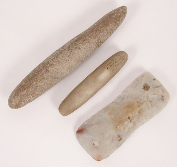 Lot of 3 artifacts; flint celt, small