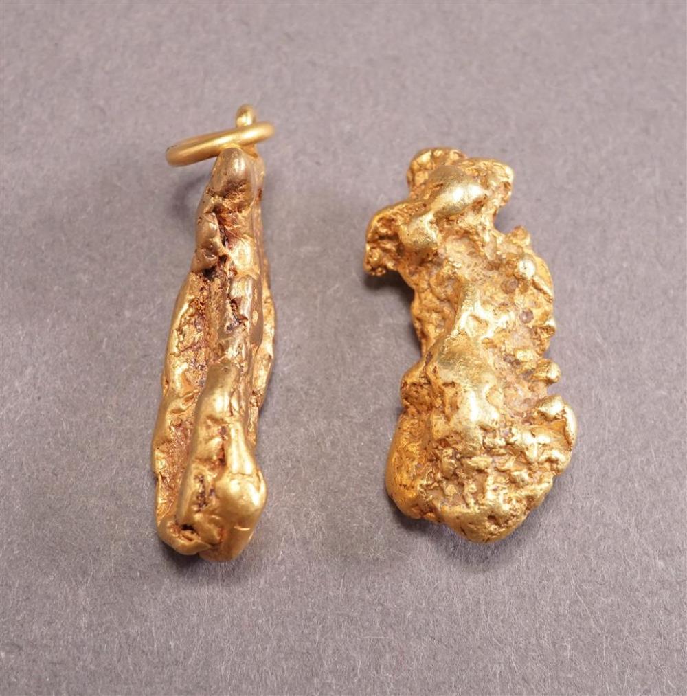 TWO GOLD NUGGETS (18-KARAT+; ONE CONVERTED