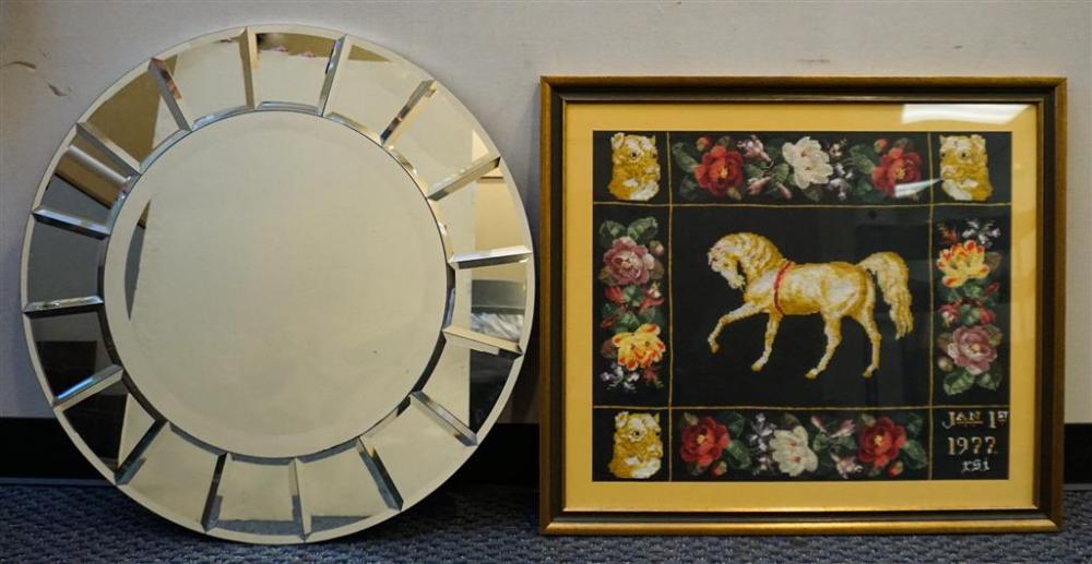 BEVELED ROUND MIRROR AND A NEEDLEPOINT 328cd5