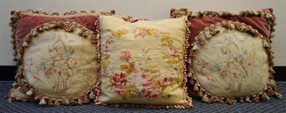 THREE AUBUSSON TAPESTRY THROW PILLOWS,