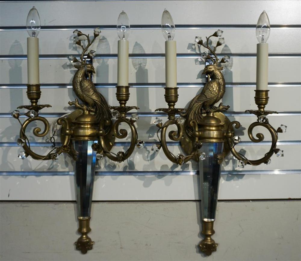 PAIR OF GLASS AND BRASS 'PEACOCK'