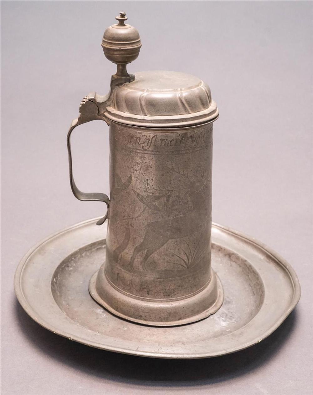 GERMAN PEWTER TANKARD AND A DISH  328e28