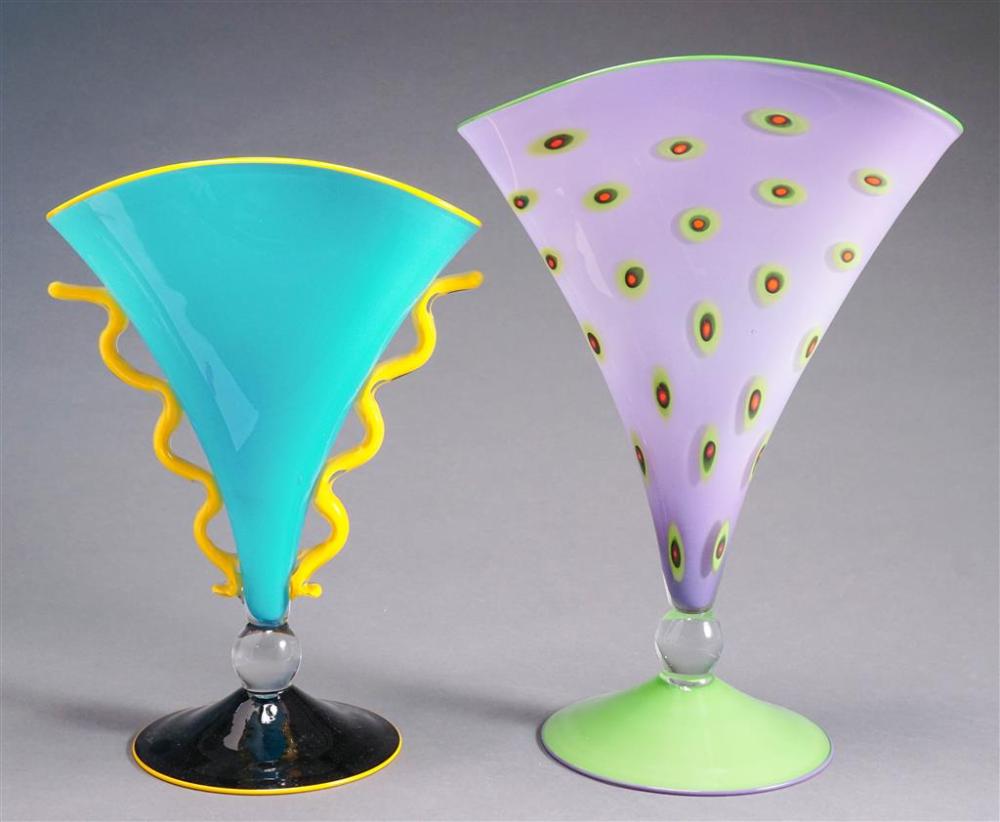 TWO PINKWATER GLASS FAN SHAPE VASES  328e9c