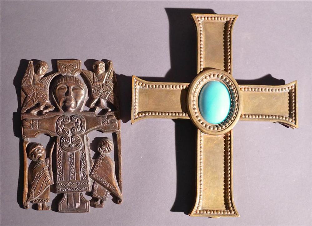 BRASS AND BLUE GLASS CRUCIFIX AND