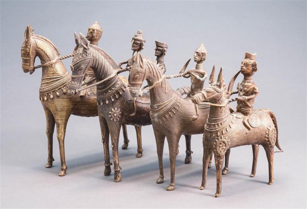 FOUR INDIAN BRASS HORSES WITH RIDERSFour 328efb