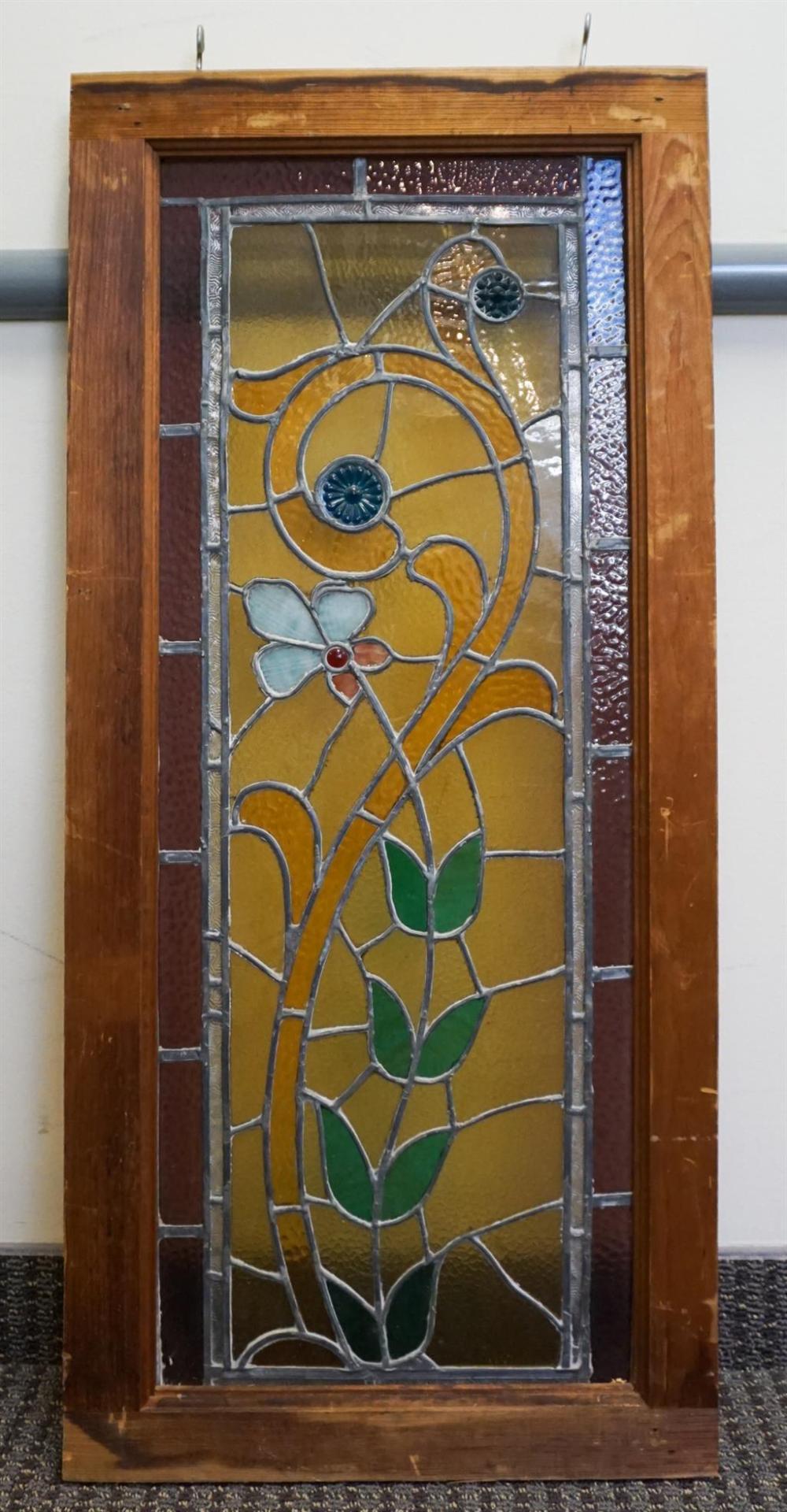 FLORAL MOTIF STAINED GLASS PANEL, FRAME: