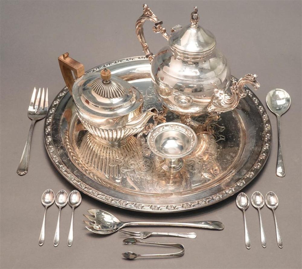 SILVER PLATED ROUND TRAY, TEA POT, FLATWARE