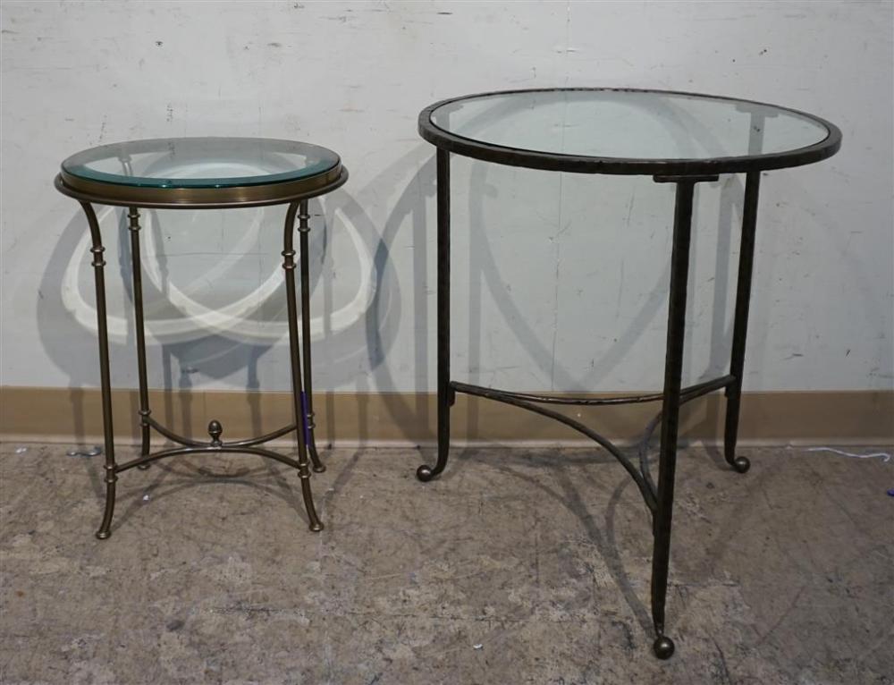 TWO PATINATED METAL AND GLASS TOP 3290e9