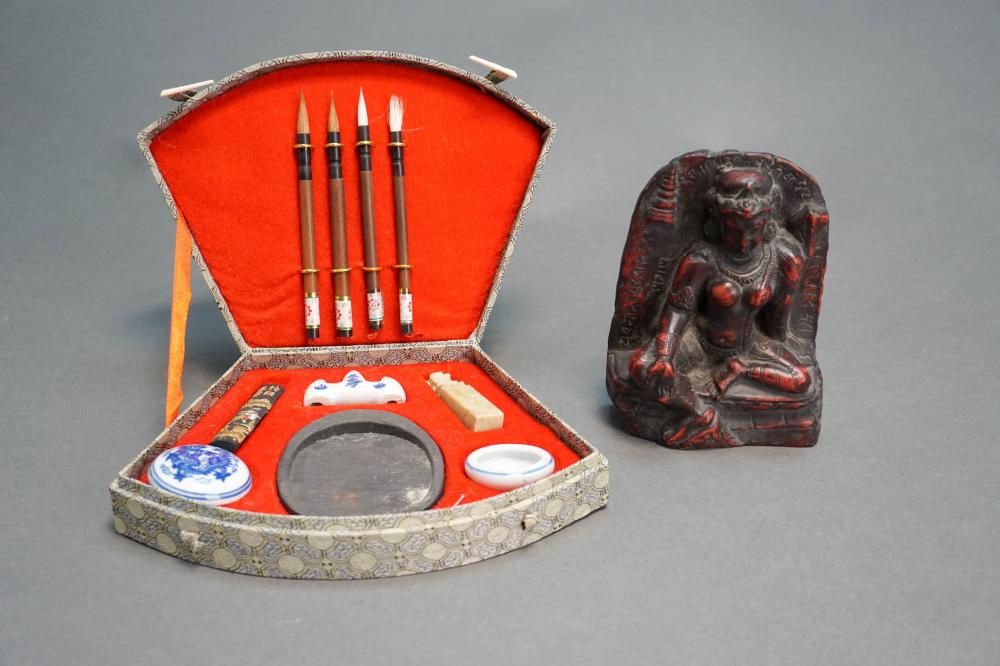 CHINESE CALLIGRAPHY SET AND A CARVED 32b872