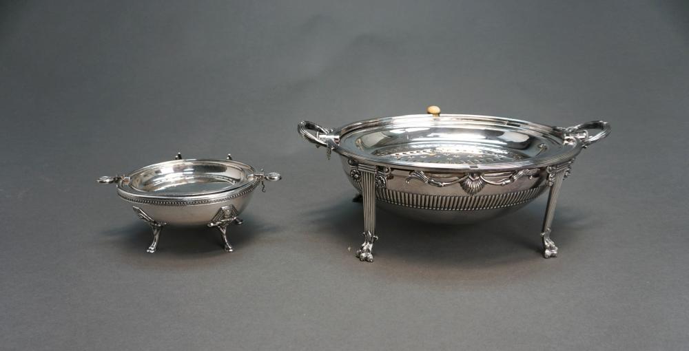 TWO SILVERPLATE OVOID ROLL-TOP CHAFING