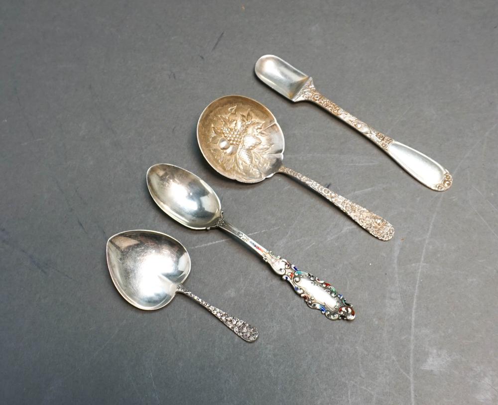 FOUR STERLING SILVER AND ENAMEL SPOONS,