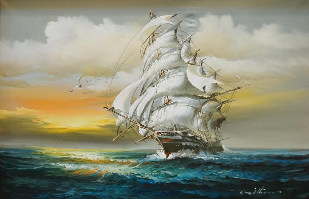 SHIP AT STORMY SEA, OIL ON CANVAS,