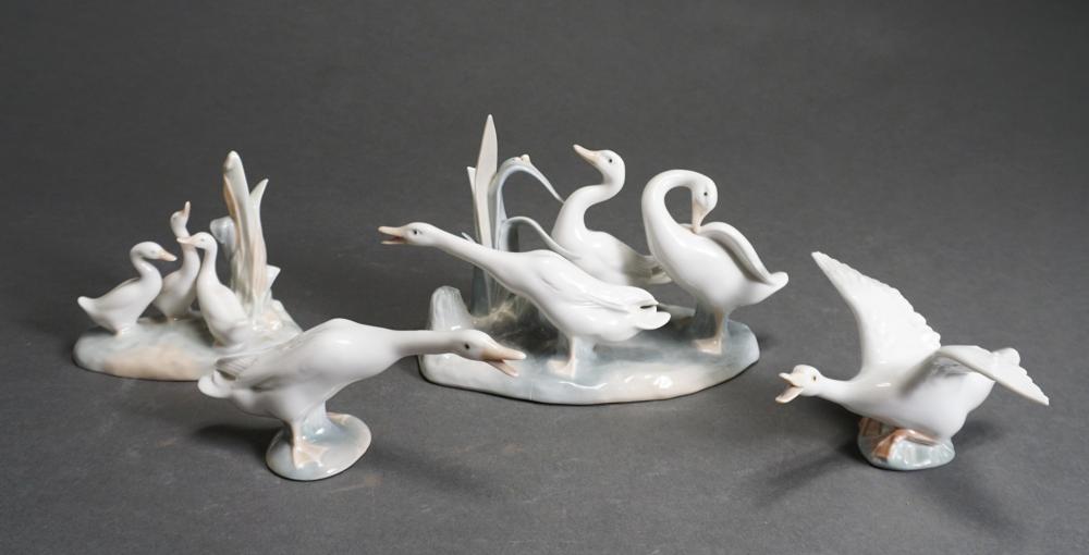 THREE LLADRO SWANS AND NAO PORCELAIN